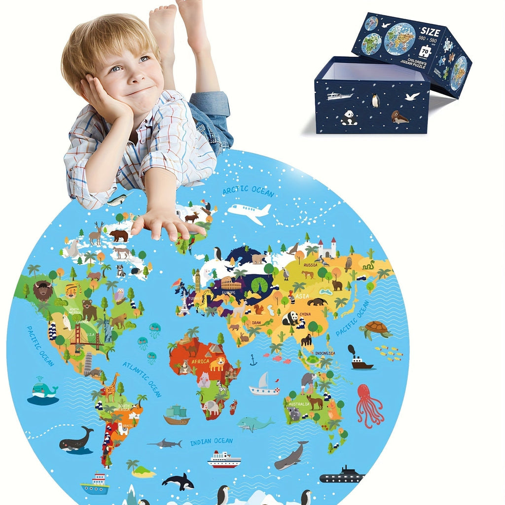 Puzzle de sol en 70 pièces – Design de carte du monde ronde pour enfants