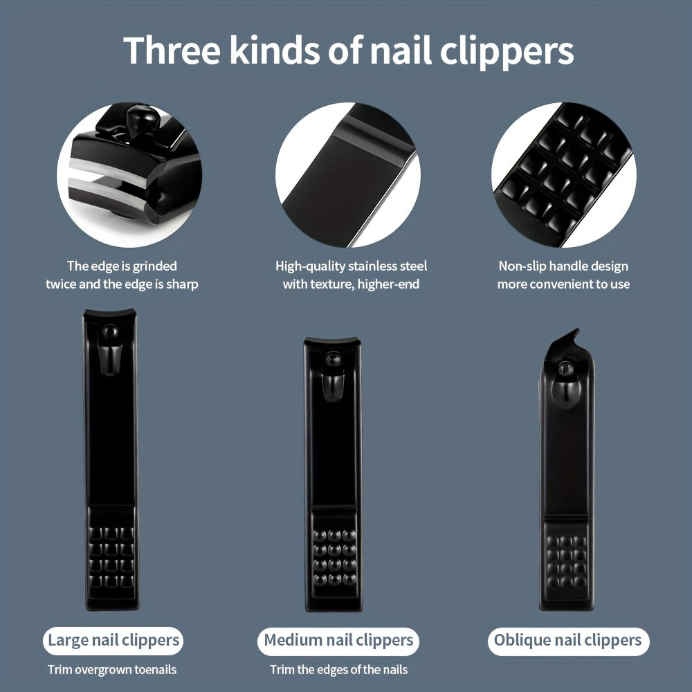 GROOMIX - Ensemble de soins des ongles classique noir de 15 pièces pour les mains, les pieds et le visage - Outils en acier inoxydable