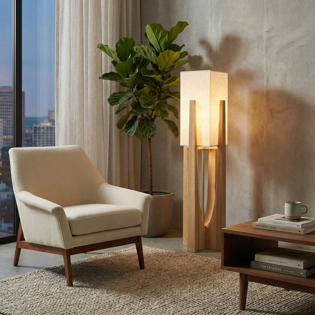 Lampe sur pied au design japonais en bois