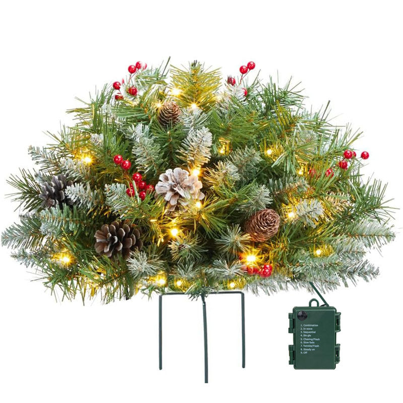 Décoration de urne de Noël avec lumières LED | Branches de sapin réalistes & baies | Intérieur et extérieur