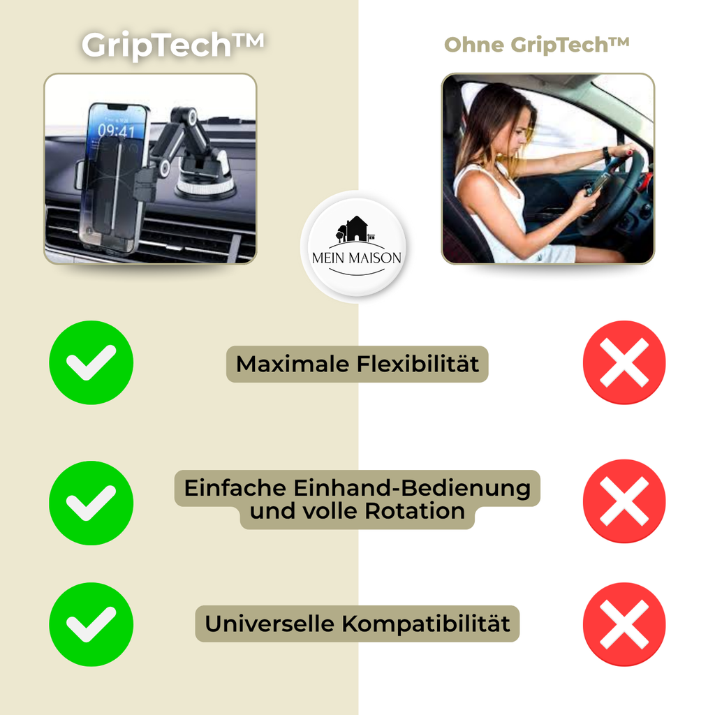 Support de téléphone Auto GripTech | Forte adhérence par ventouse | Rotation à 360° | Utilisation d'une seule main