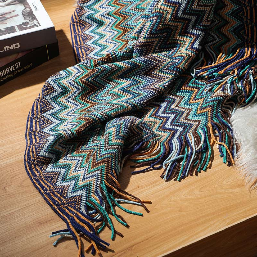 Couverture Tricotée à Franges Zigzag Multicolore