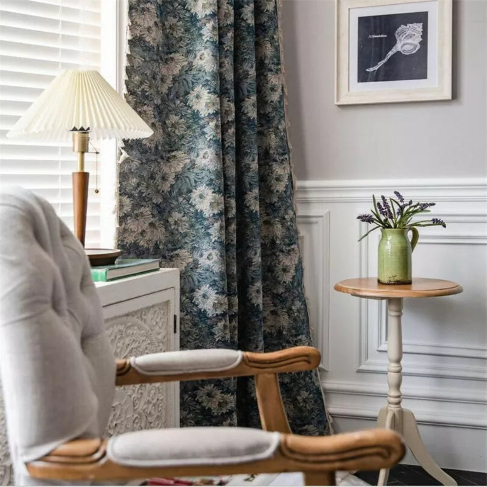 Rideaux à franges floraux navy