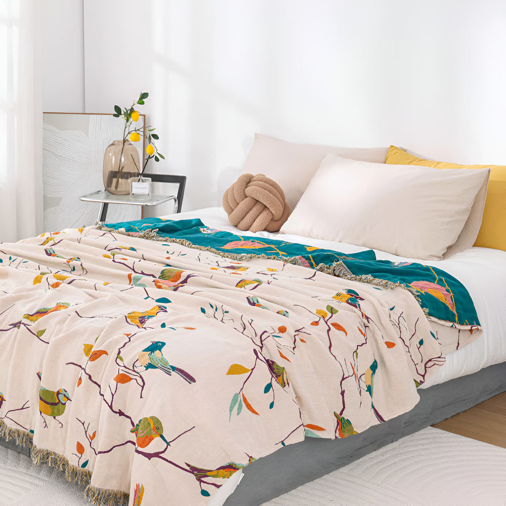 Couverture en Coton avec Franges Oiseau Fantaisie