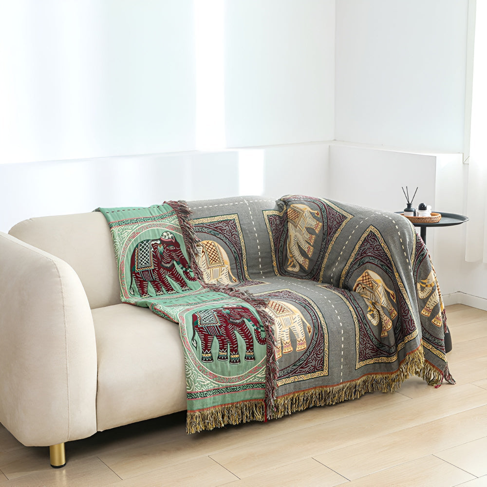 Couverture en Coton avec Franges Imprimée Éléphant Bohémien