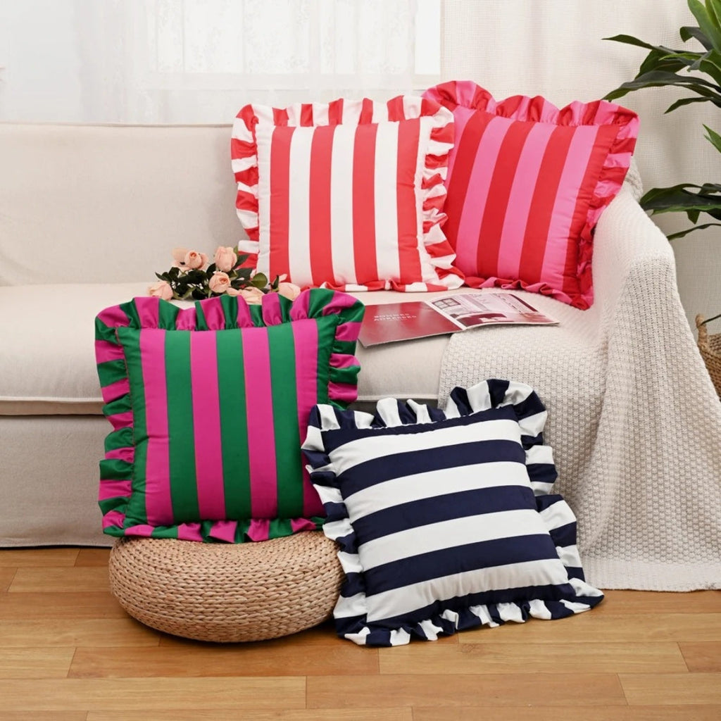 Housse de Coussin à Volants Rayée Rétro