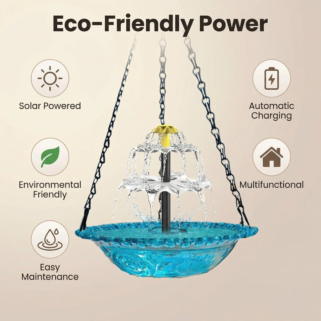 AquaBloom™ | Fontaine suspendue solaire – Abreuvoir pour oiseaux avec jeu d'eau à 2 niveaux