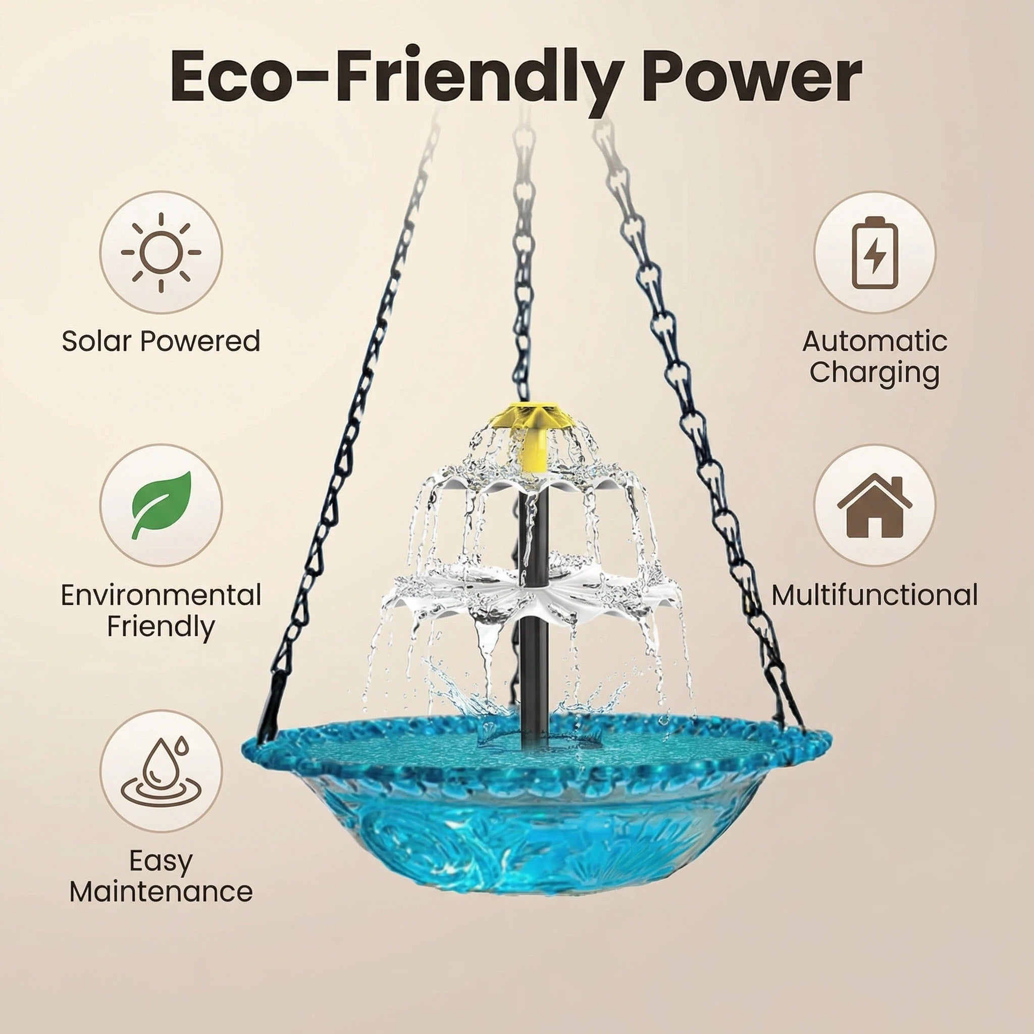 AquaBloom™ | Fontaine suspendue solaire – Abreuvoir pour oiseaux avec jeu d'eau à 2 niveaux