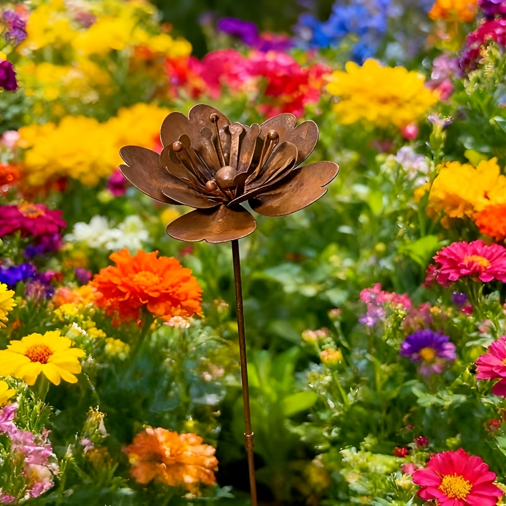 Piquet de Jardin Fleur en Métal Rouillé avec Décoration Lumineuse