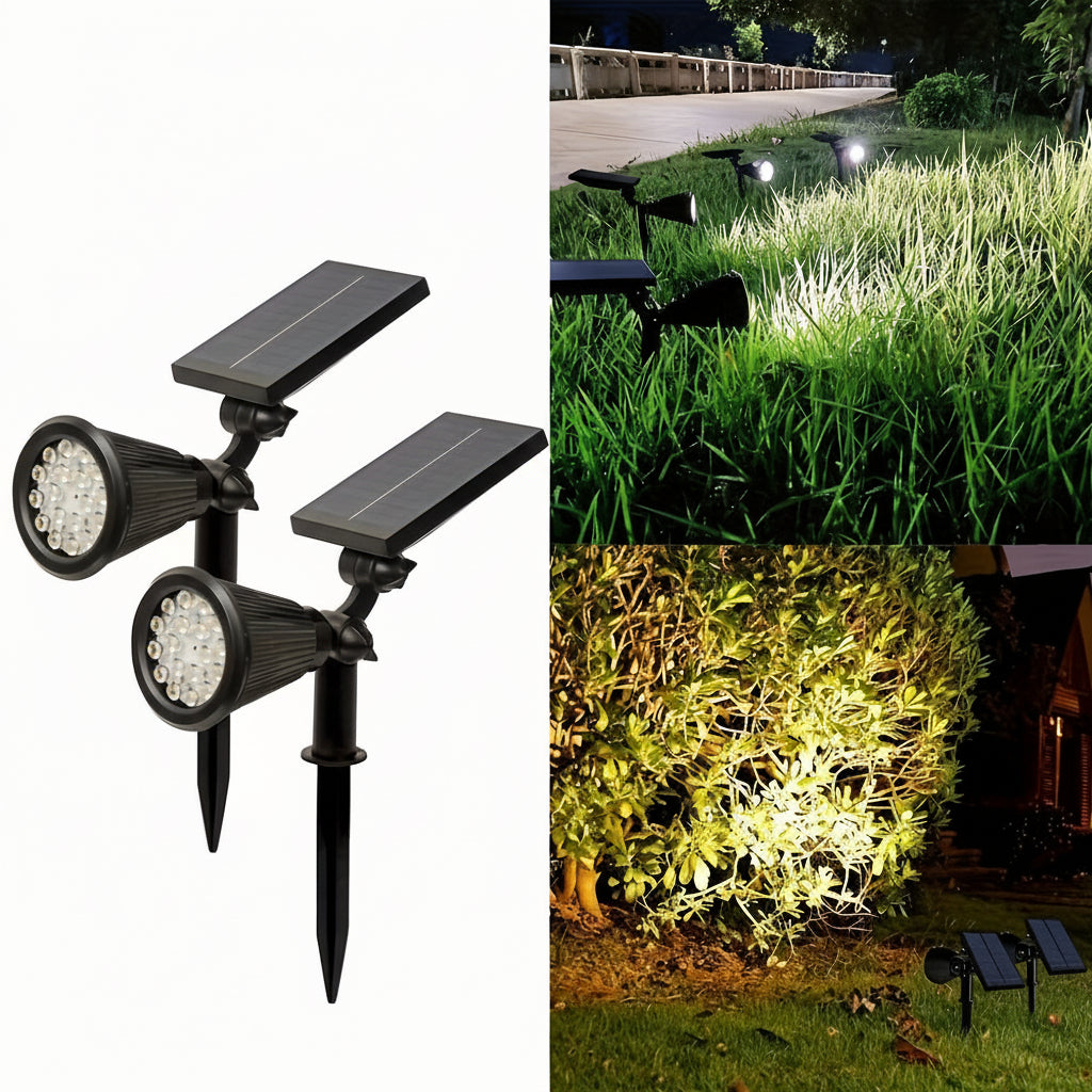 SOLARGLOW - Lampes de paysage solaires extérieures 2-Pack, projecteurs LED avec 3 niveaux de gradation et étanchéité IP44