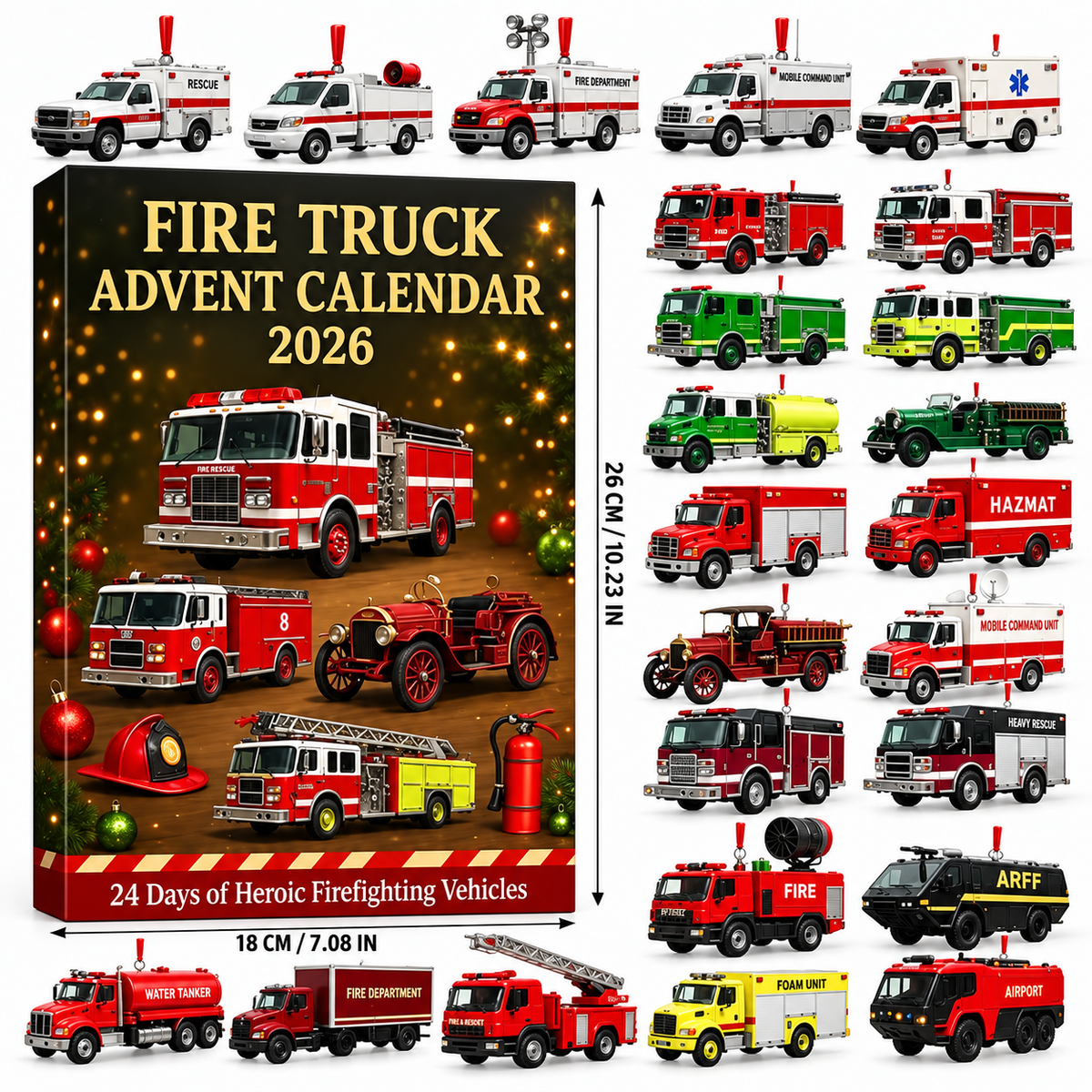 FIRESPARK 2026 – Calendrier de l'Avent de 24 jours avec des véhicules de pompiers pour enfants avec compte à rebours festif