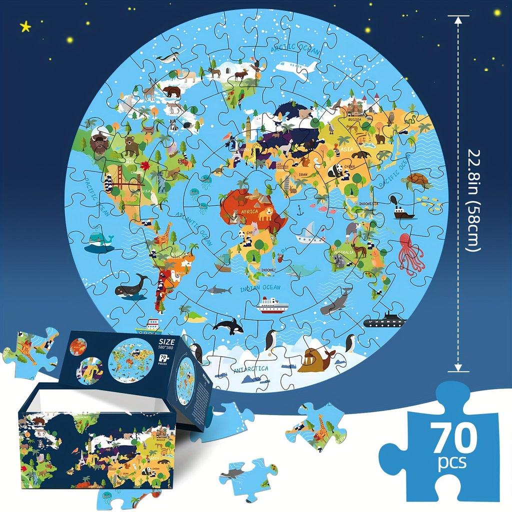 Puzzle de sol en 70 pièces – Design de carte du monde ronde pour enfants