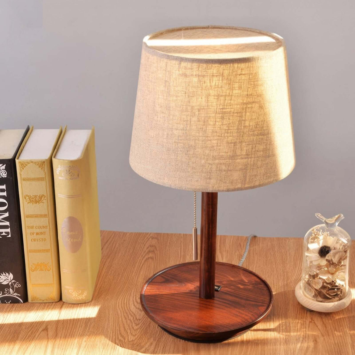 Lampe de Table en Noyer Nordique avec Abat-jour en Tissu