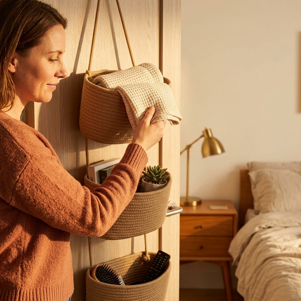 Panier de Rangement Suspendu en Coton 3 Niveaux pour Porte