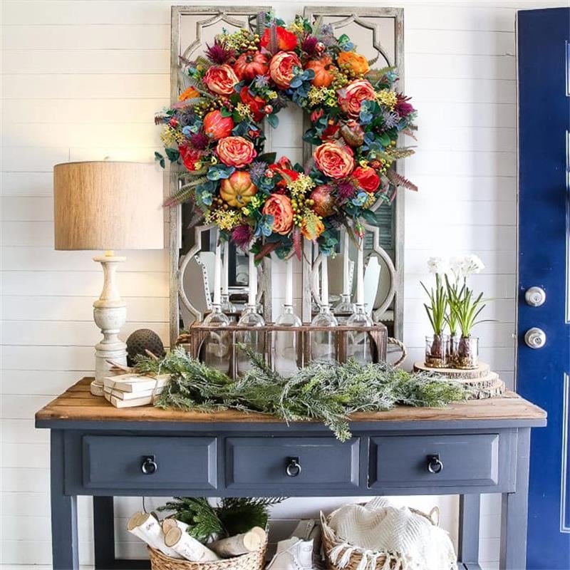 Couronne de porte automne | Fait main | Design Pivoines & Citrouille | Pour intérieur & extérieur