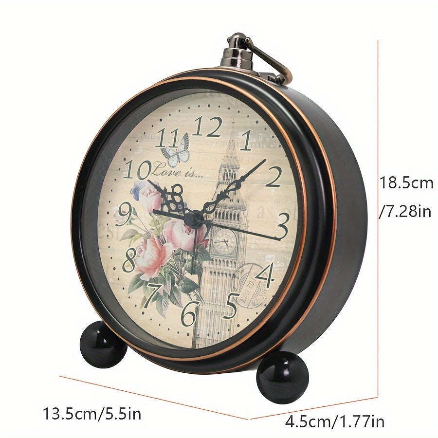 ELEGANTIME - Réveil analogique silencieux en métal vintage européen avec grand affichage