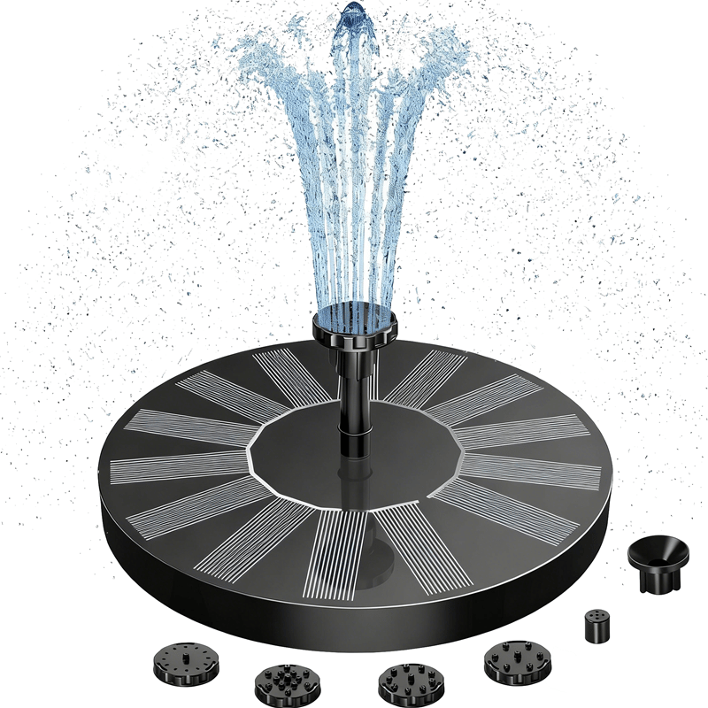 Fontaine solaire pour étang et bain d'oiseaux | 100 % alimentée par énergie solaire, design flottant | Plusieurs buses de pulvérisation + éclairage coloré optionnel