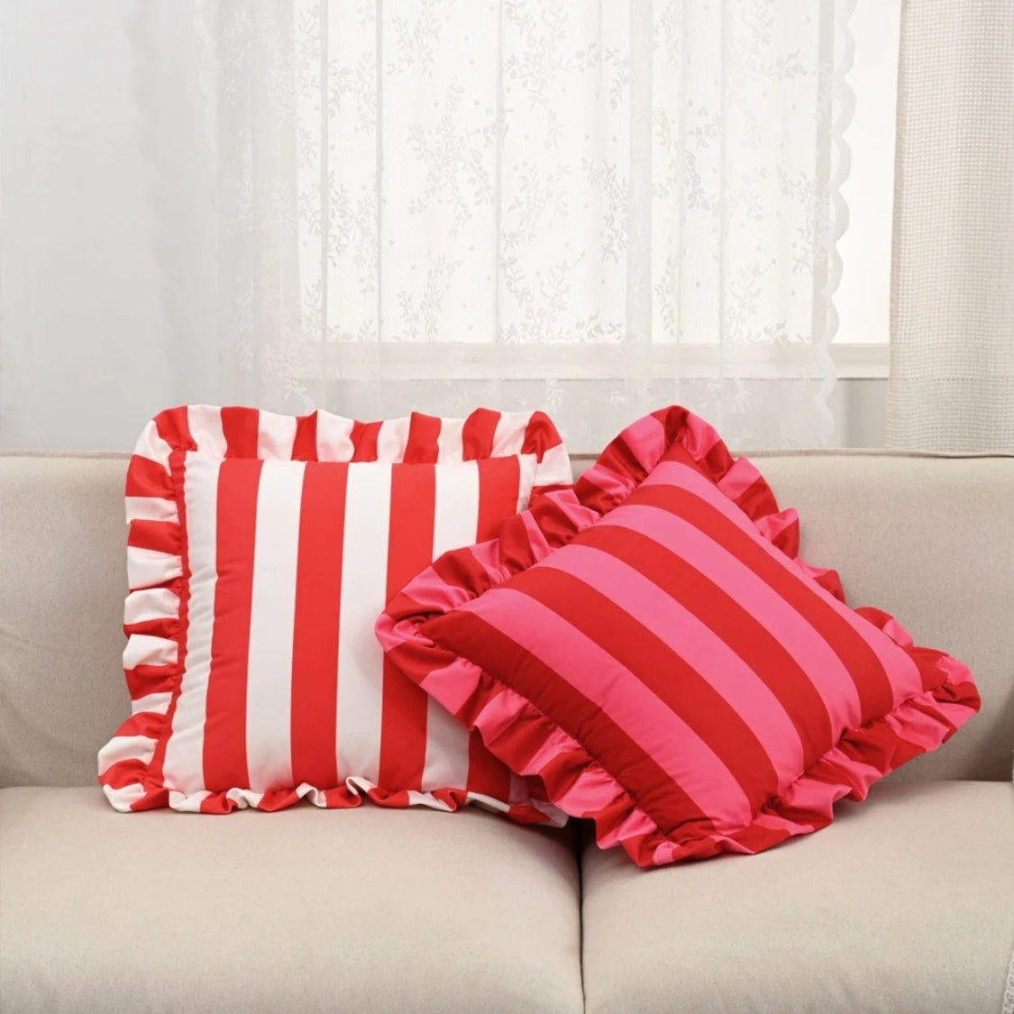 Housse de Coussin à Volants Rayée Rétro