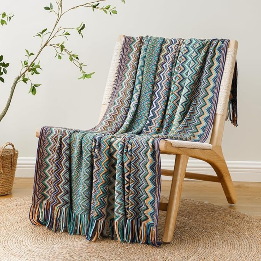 Couverture Tricotée à Franges Zigzag Multicolore