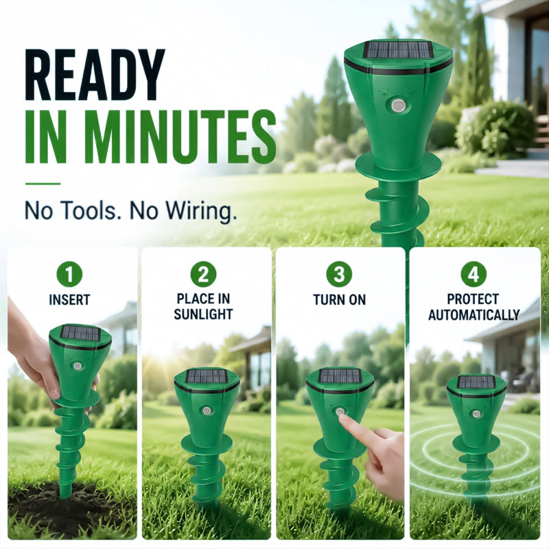 TURFGUARD – Répulsif à taupes alimenté par énergie solaire pour de beaux espaces extérieurs