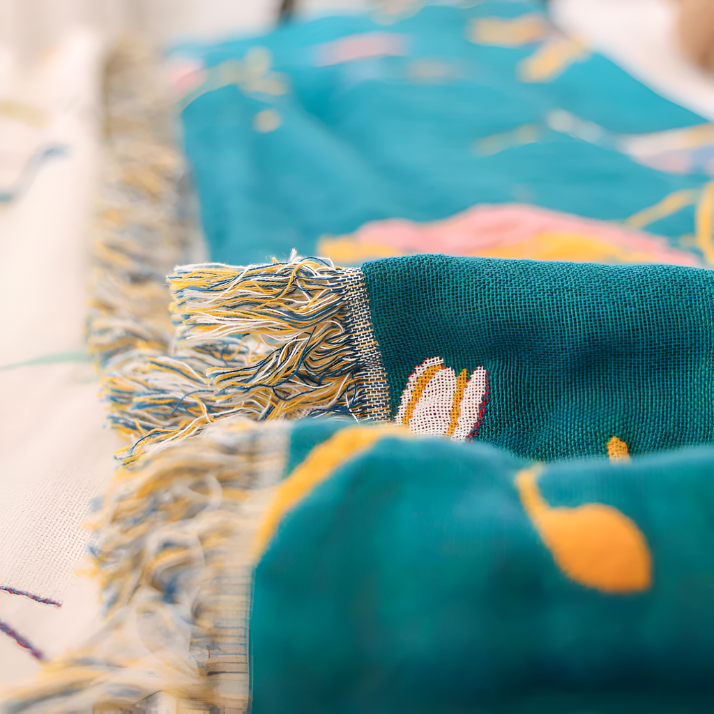 Couverture en Coton avec Franges Oiseau Fantaisie