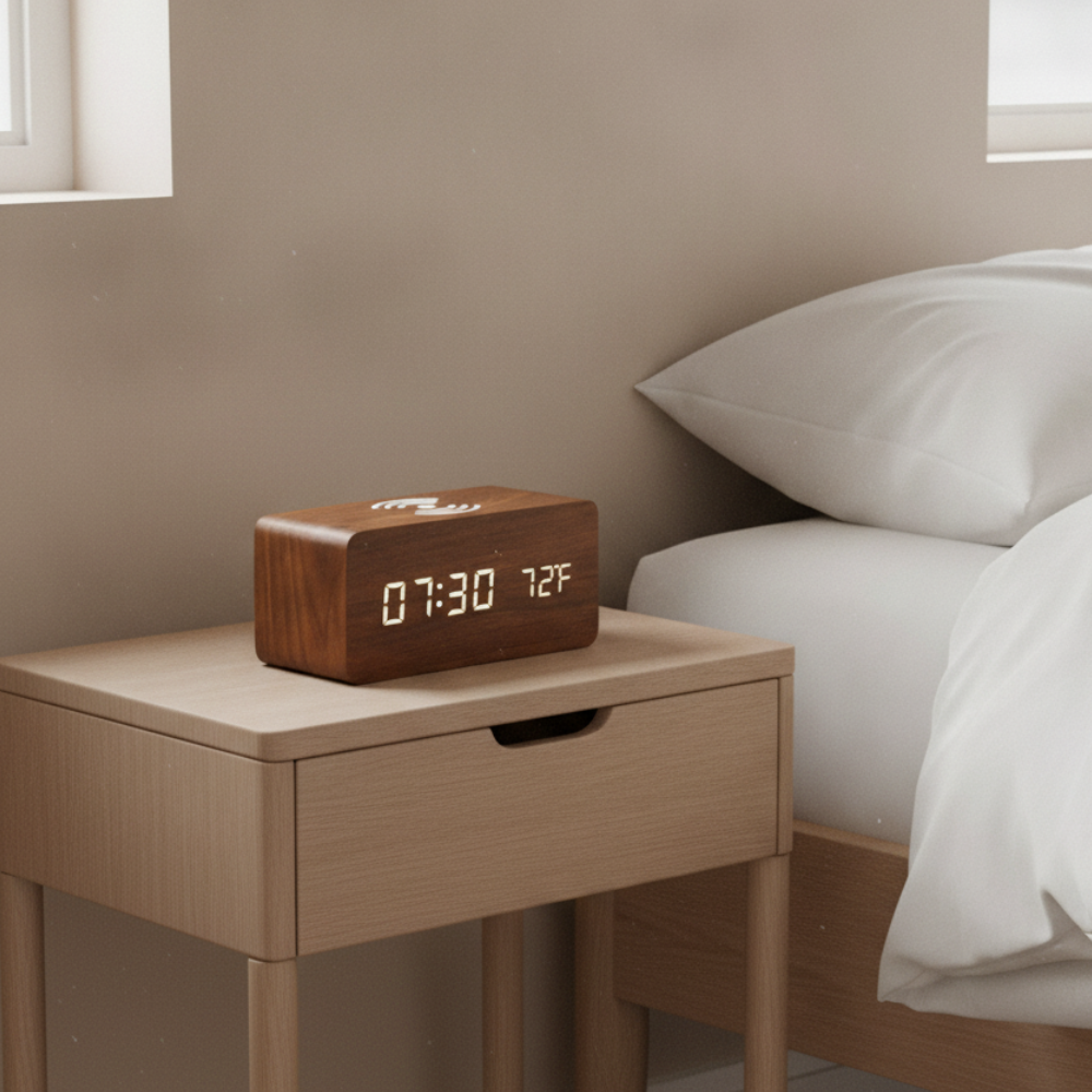 Réveil Numérique en Bois Élégant avec Charge Sans Fil et Activation Vocale