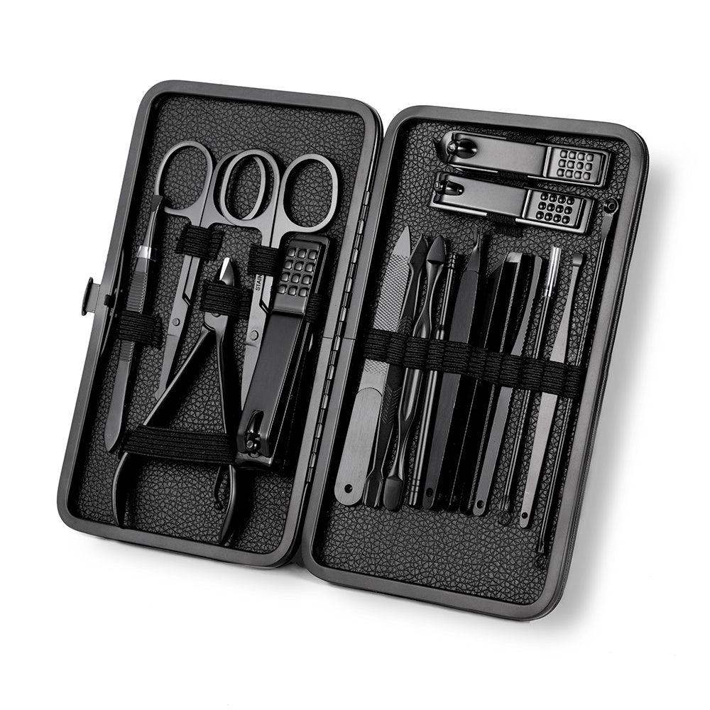 GROOMIX - Ensemble de soins des ongles classique noir de 15 pièces pour les mains, les pieds et le visage - Outils en acier inoxydable