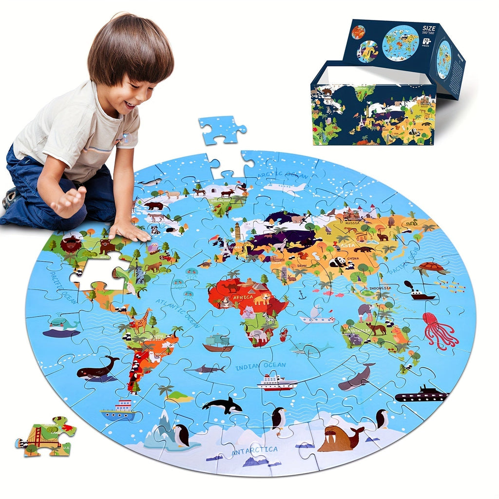 Puzzle de sol en 70 pièces – Design de carte du monde ronde pour enfants