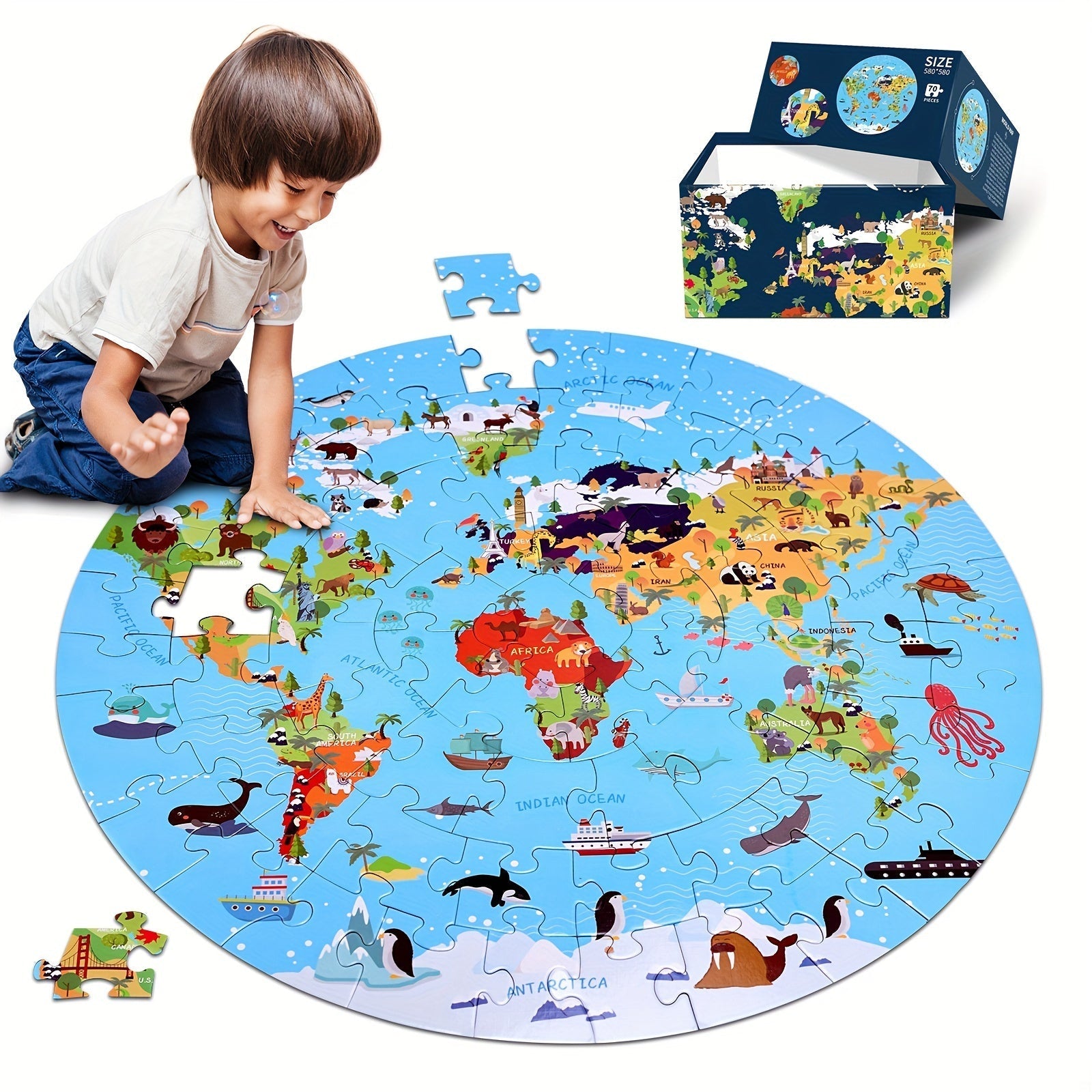 Puzzle de sol en 70 pièces – Design de carte du monde ronde pour enfants