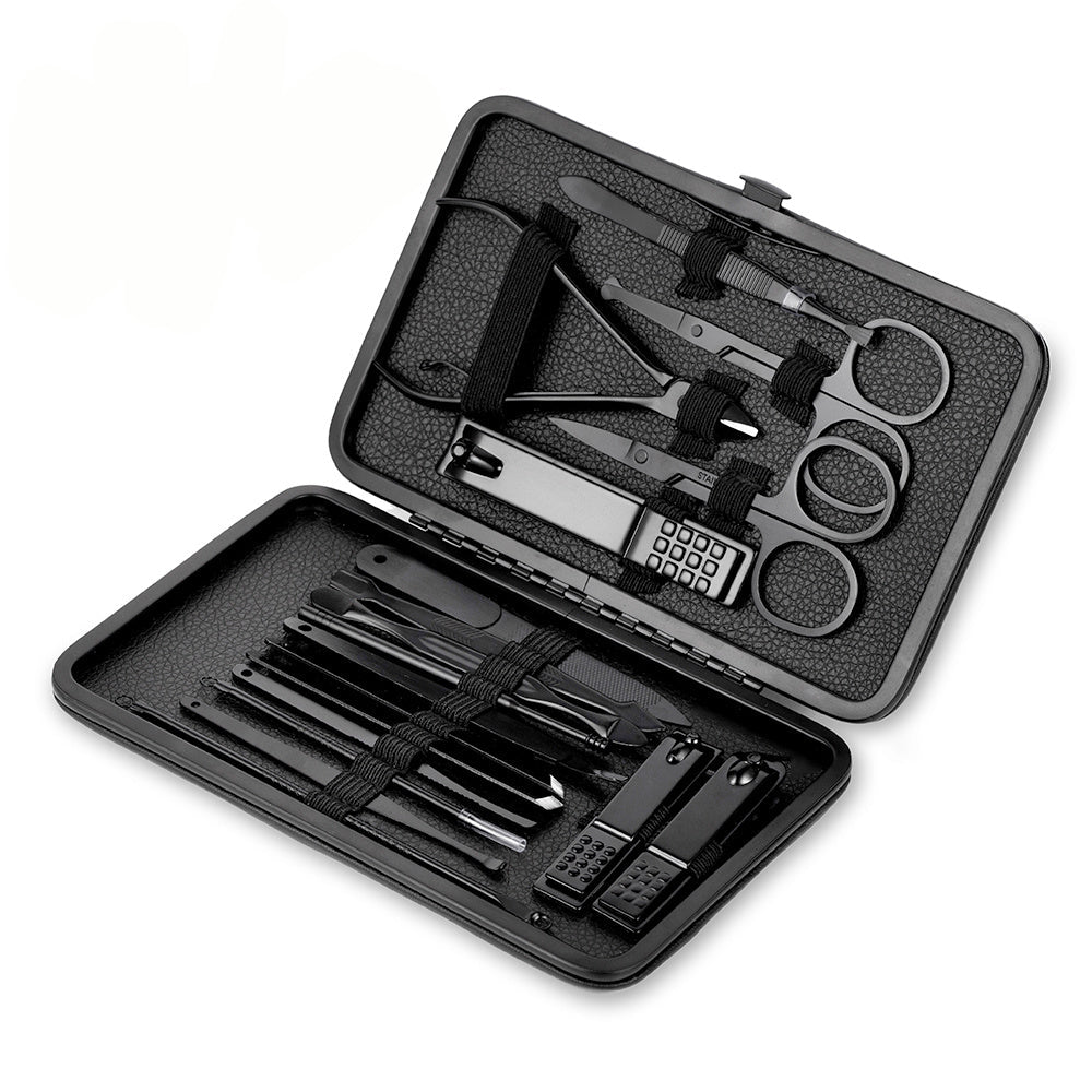 GROOMIX - Ensemble de soins des ongles classique noir de 15 pièces pour les mains, les pieds et le visage - Outils en acier inoxydable