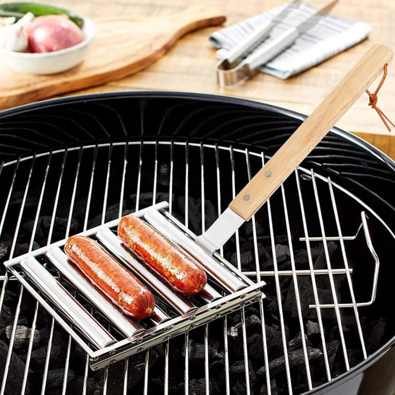 Grille à Hot Dog Rotative avec Poignée en Bois Détachable