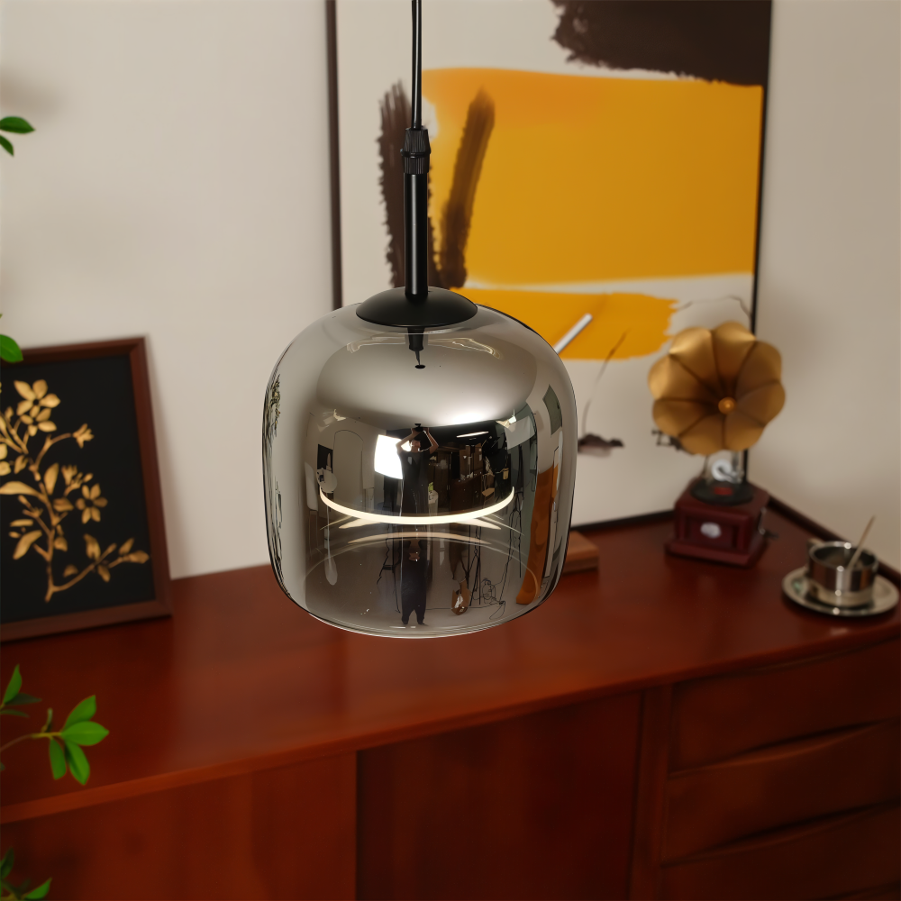 Suspension en verre noir-gris – design élégant en forme de coupe avec lumière chaude