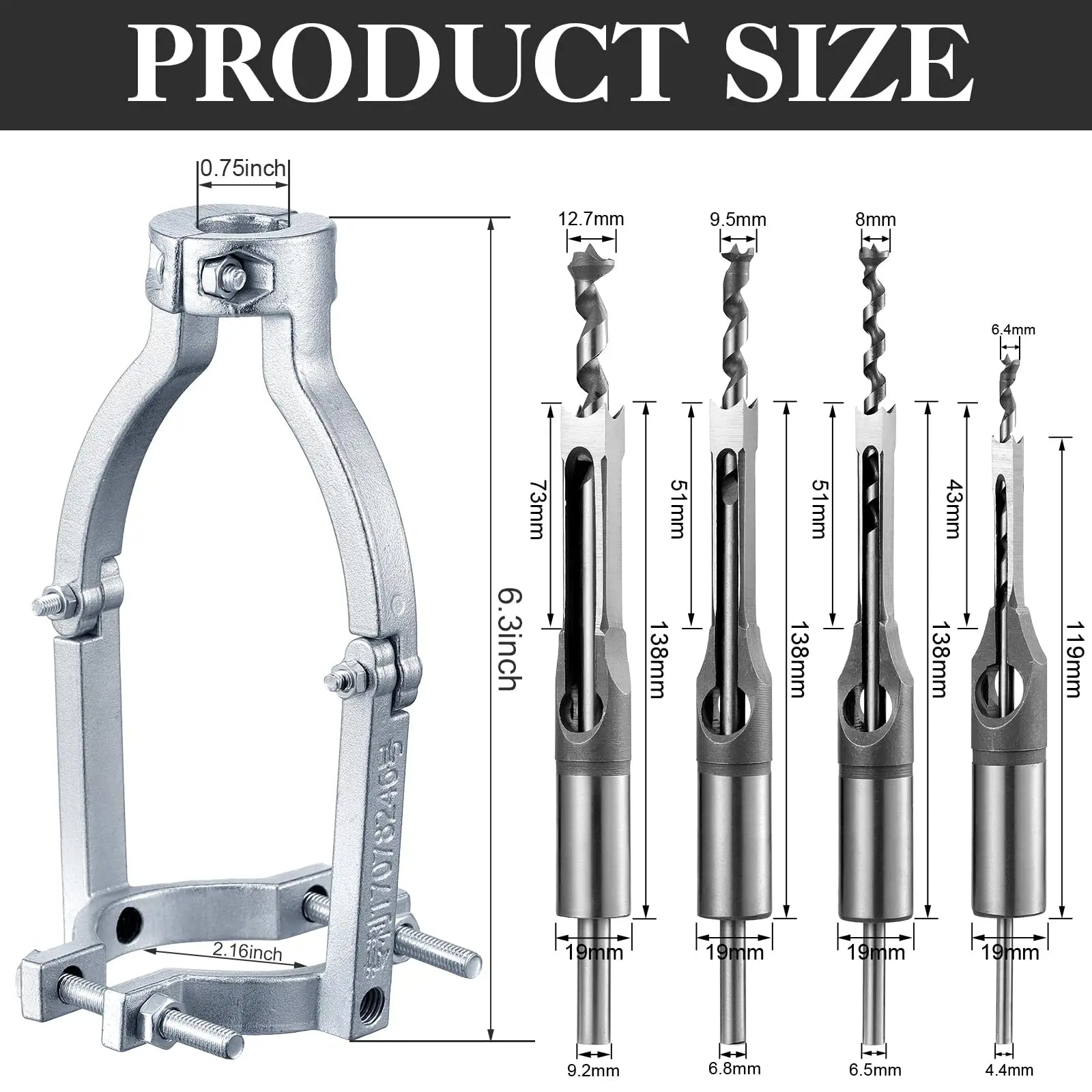 Adaptateur et set de ciseaux à bois pour des trous de tenons précis | 8 embouts de 6 à 16 mm | Compatible avec les perceuses