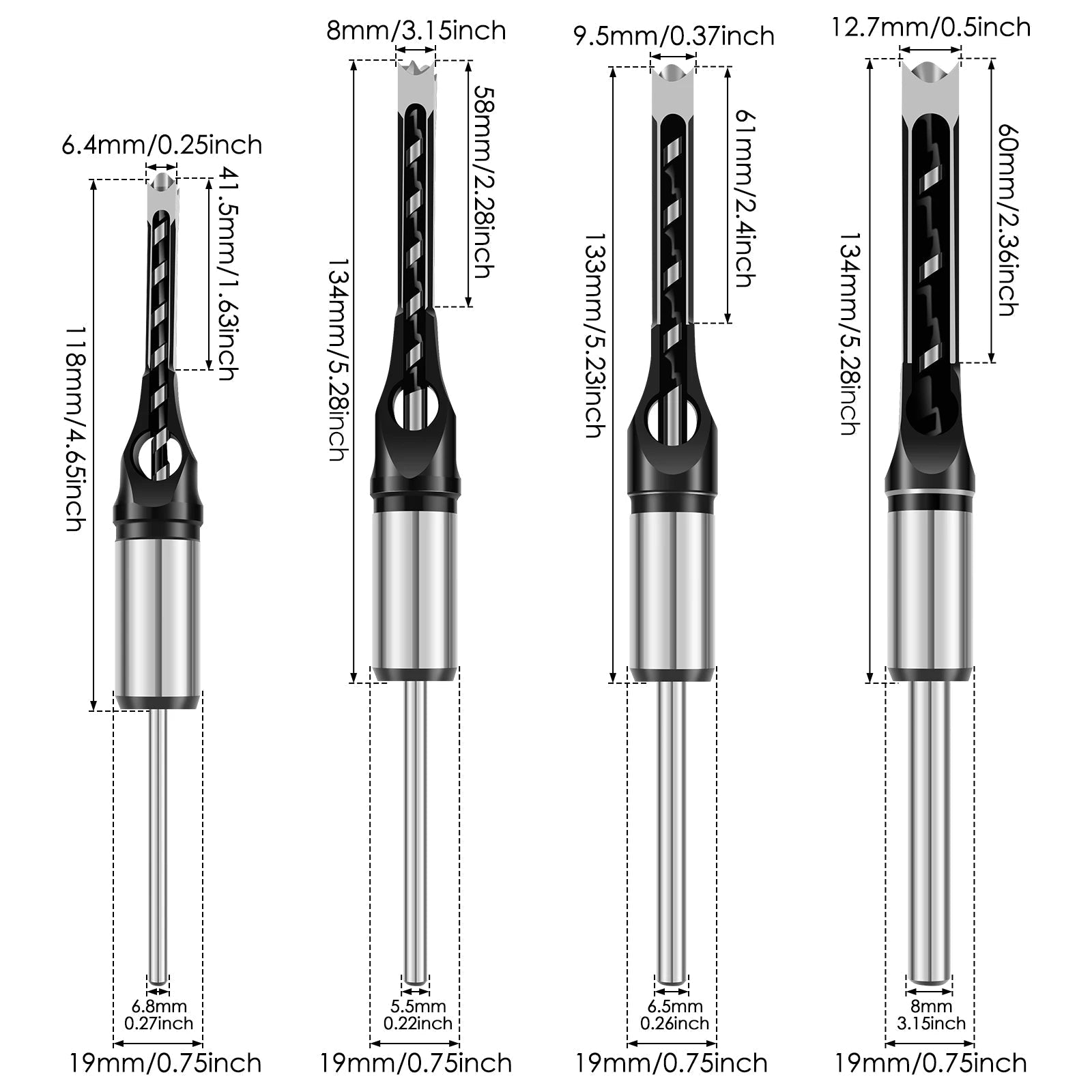 Adaptateur et set de ciseaux à bois pour des trous de tenons précis | 8 embouts de 6 à 16 mm | Compatible avec les perceuses