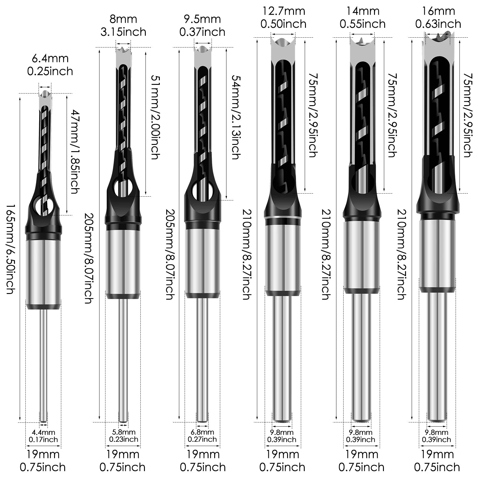 Adaptateur et set de ciseaux à bois pour des trous de tenons précis | 8 embouts de 6 à 16 mm | Compatible avec les perceuses