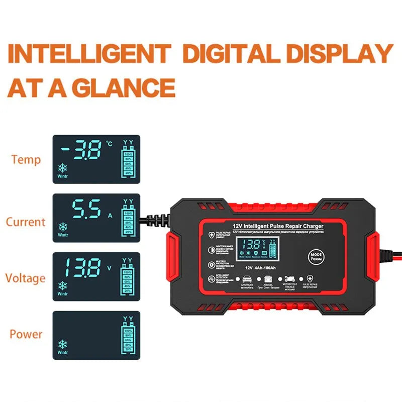 Skanto | Chargeur de Batterie Intelligent 12V 6A pour Voiture | Réparation par Pulsation, Écran LCD & Charge Rapide pour Batteries AGM, Gel & Plomb