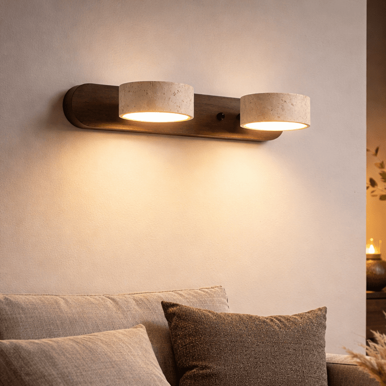 STONELINE - Applique murale LED intérieure conçue avec du travertin naturel et du bois pour une illumination architecturale chaleureuse