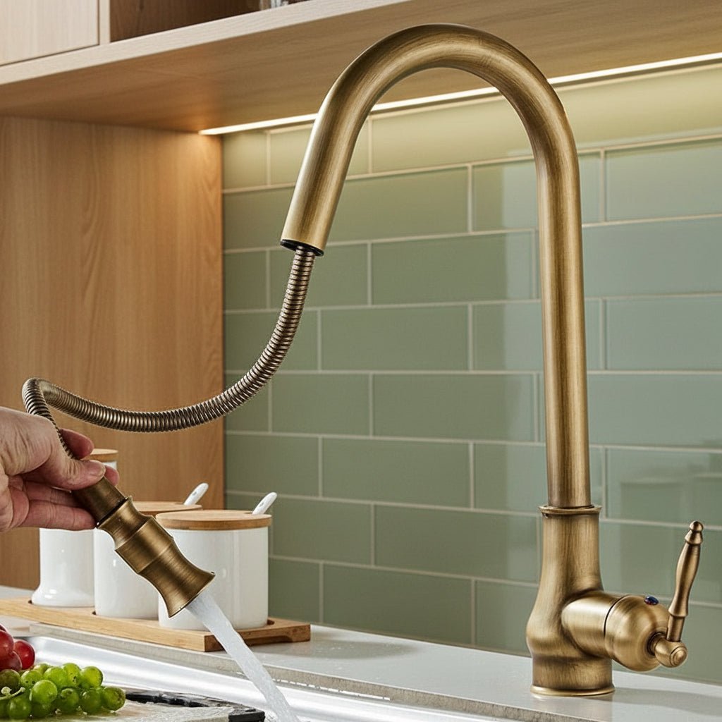 SMARTSPOUT - Robinet de cuisine avec fonction extensible en bronze antique pour un travail de cuisine élégant et flexible