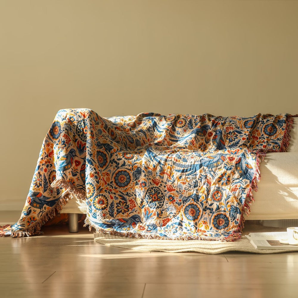 Couverture en Coton avec Design Floral d'Oiseaux