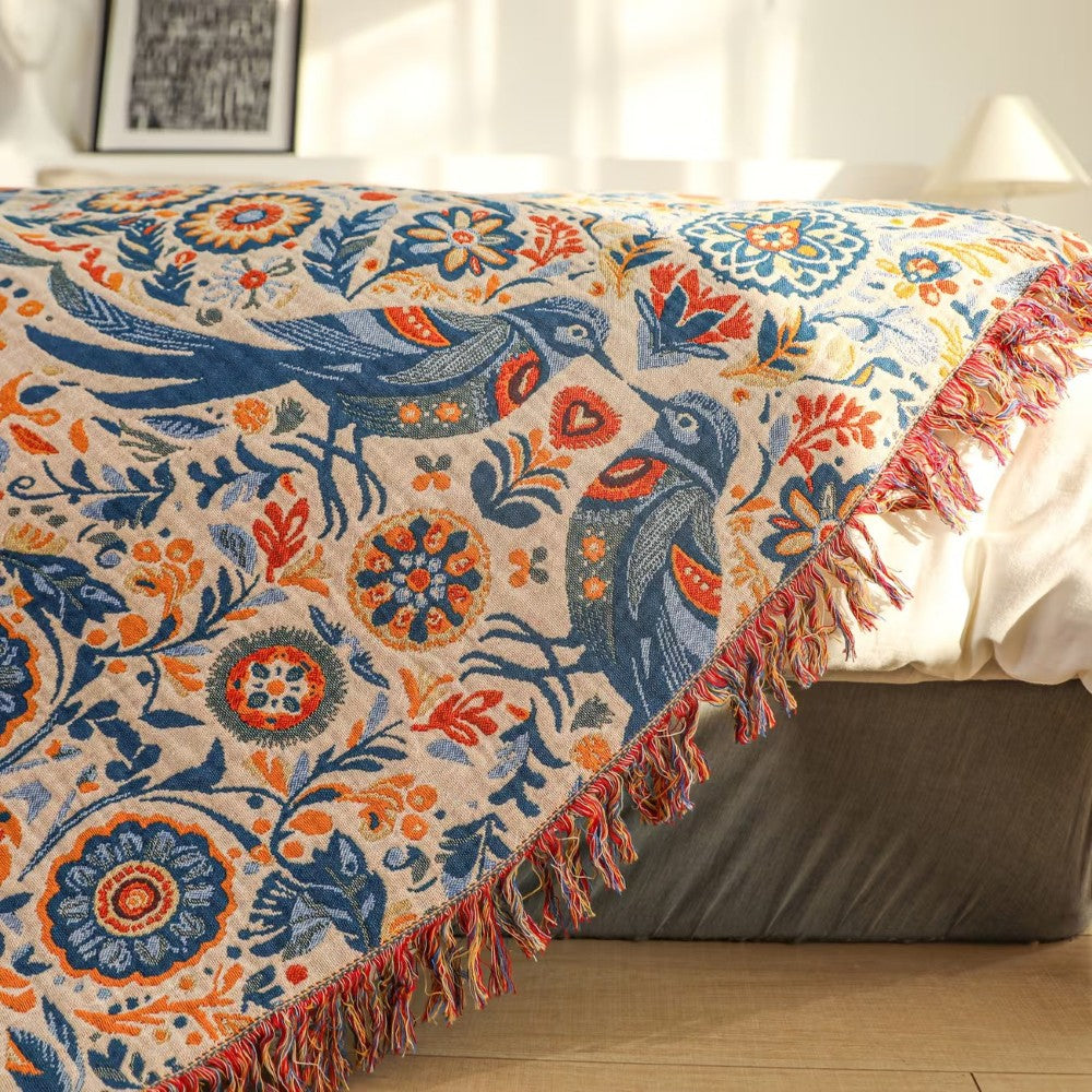 Couverture en Coton avec Design Floral d'Oiseaux