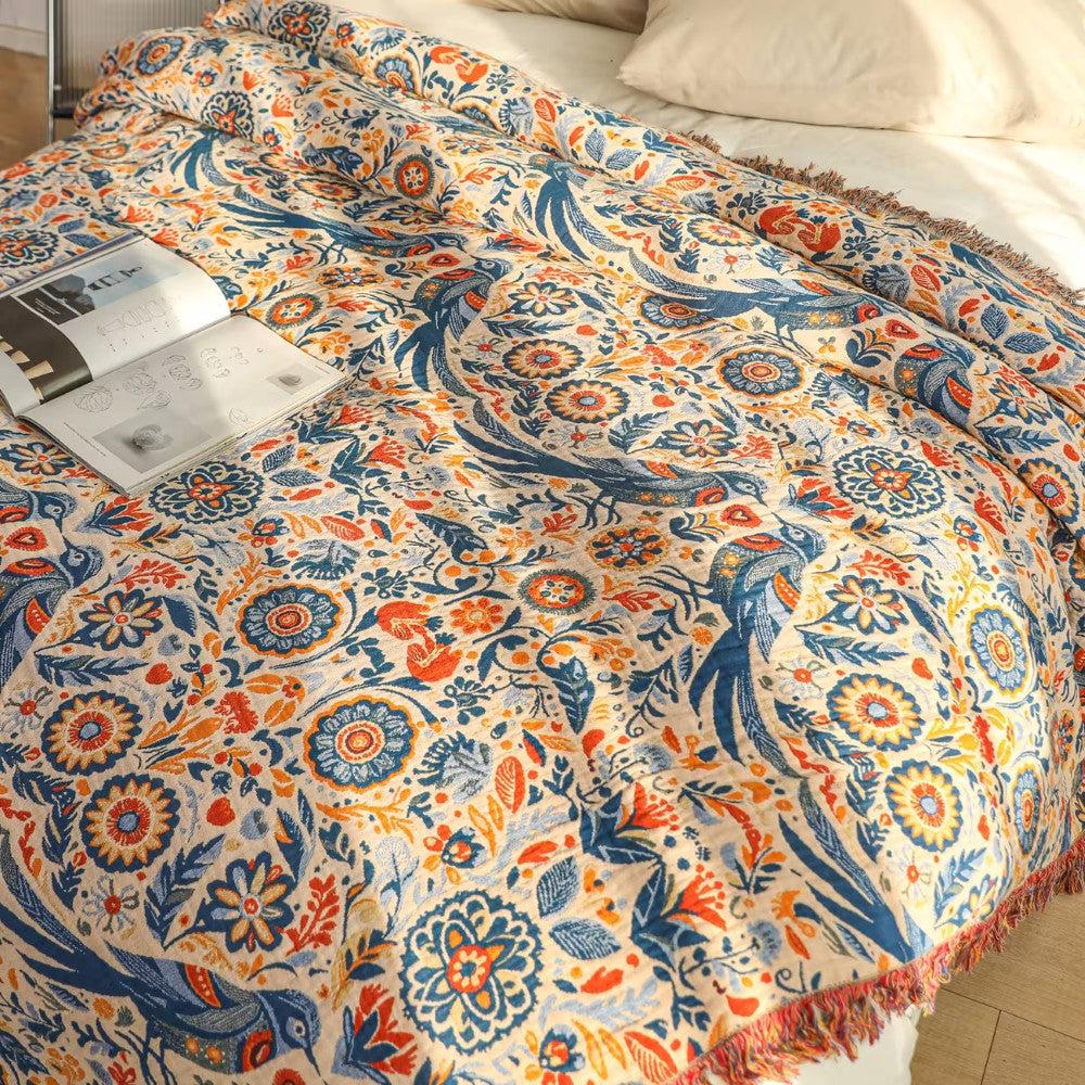 Couverture en Coton avec Design Floral d'Oiseaux