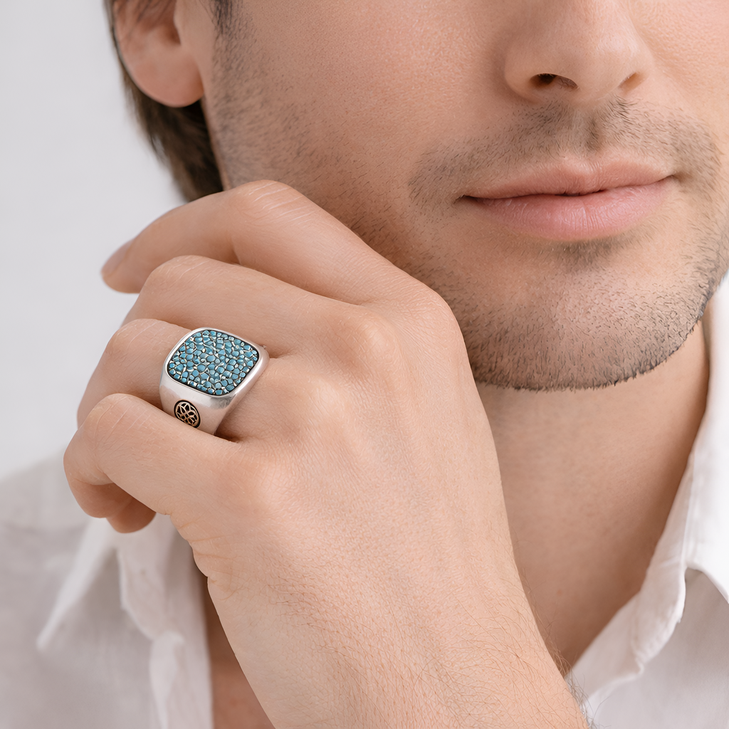 David - Bague chevalière en argent avec détails turquoise