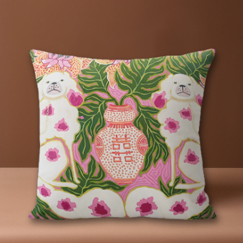 Housse de coussin à pompons pour chien rose blush