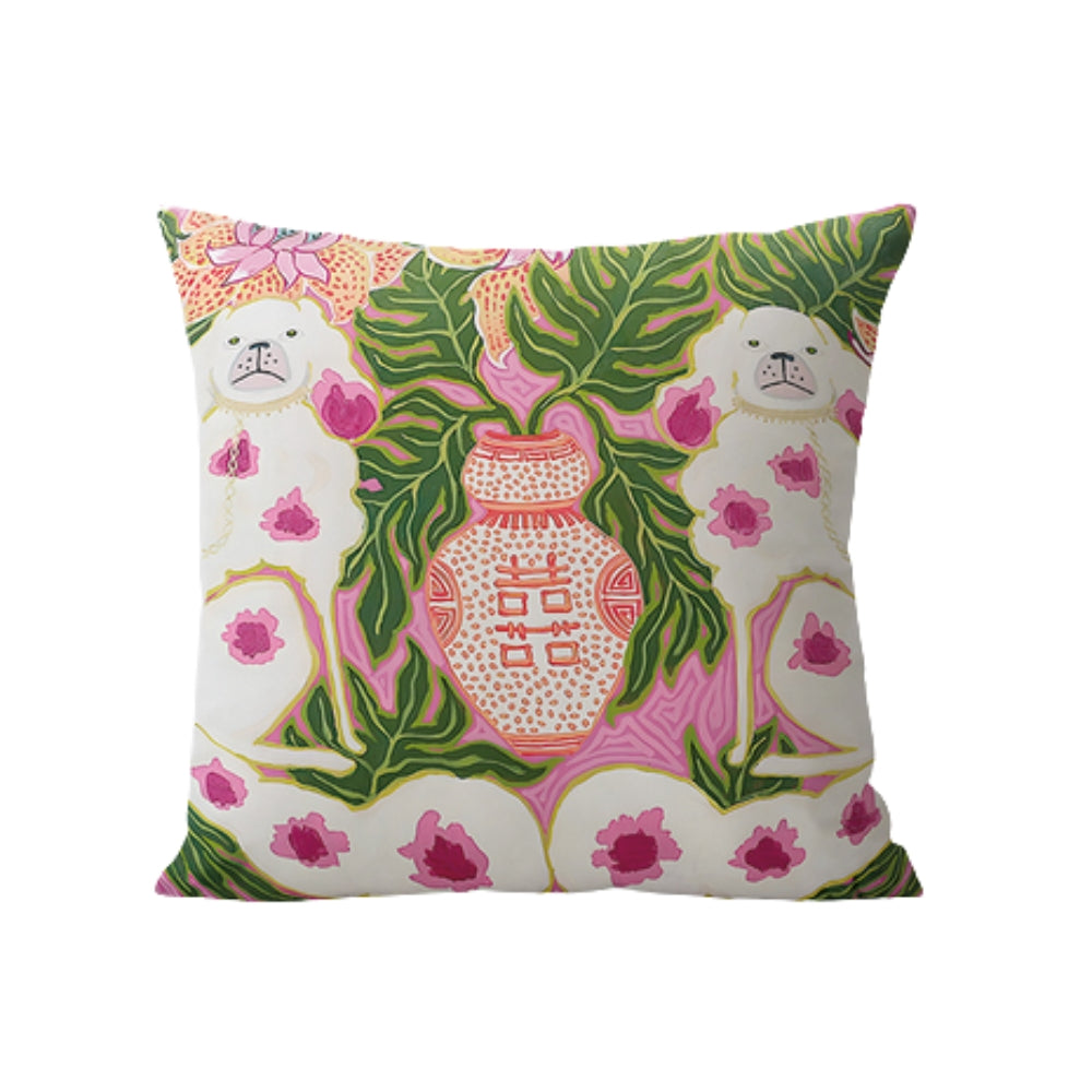 Housse de coussin à pompons pour chien rose blush