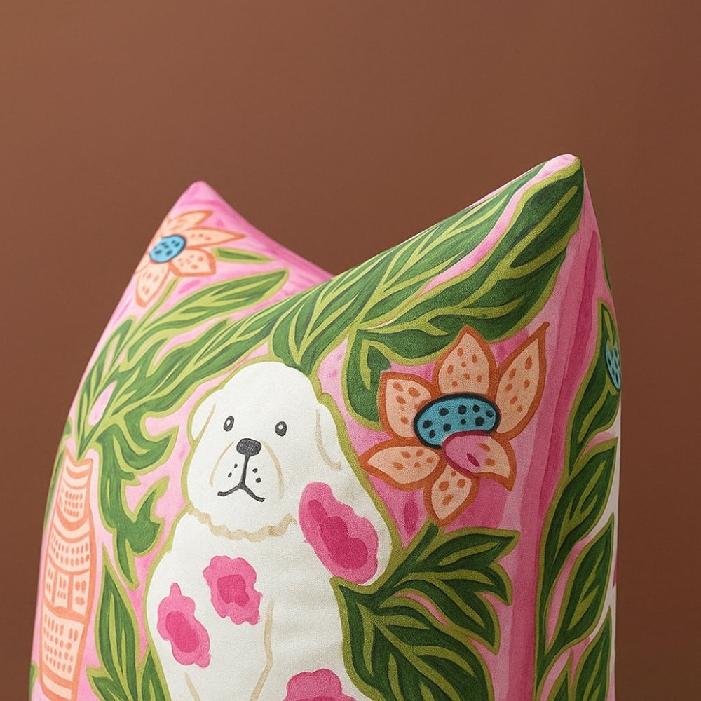 Housse de coussin à pompons pour chien rose blush