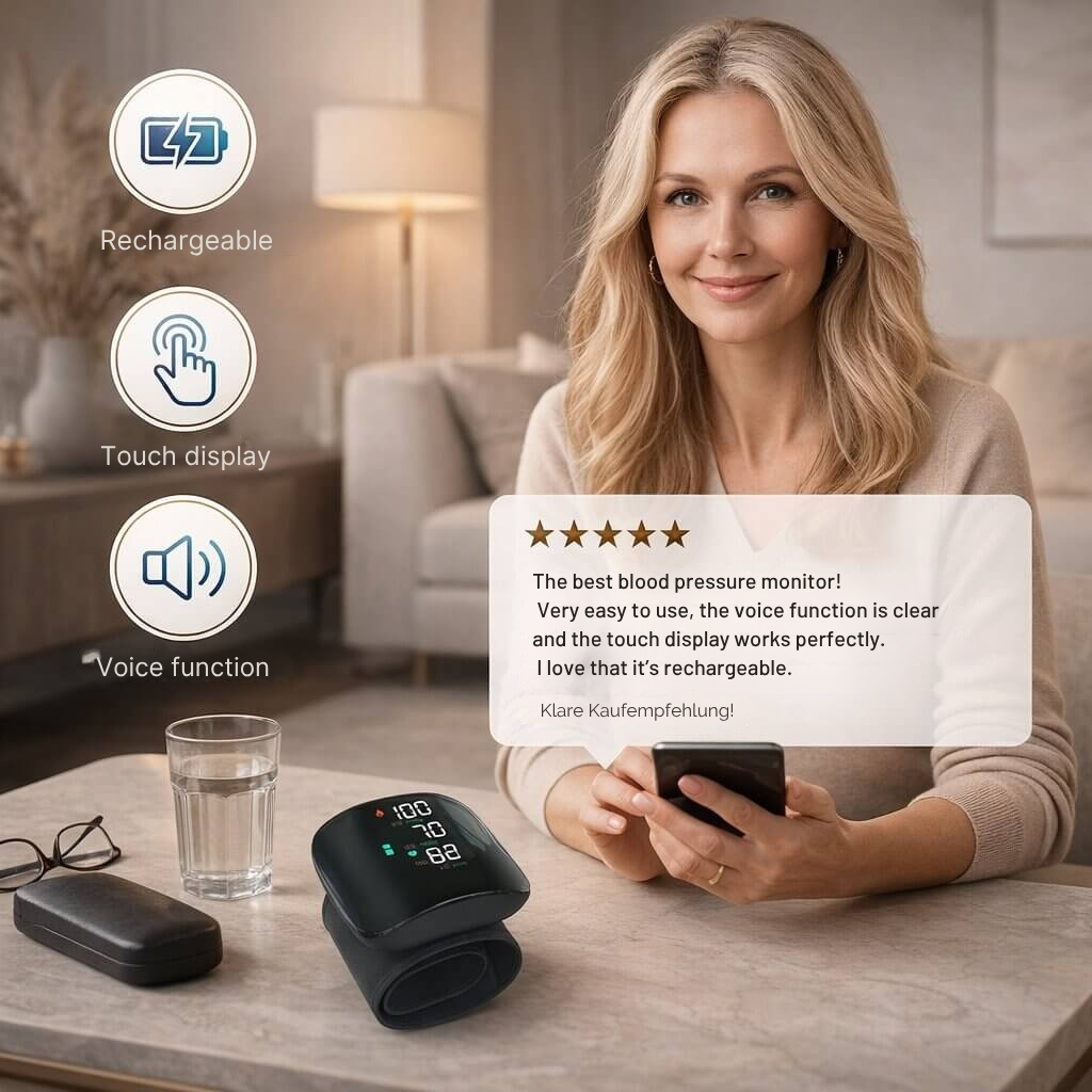 Tensiomètre pour poignet | Écran tactile avec fonction vocale | Rechargeable | Vitalensa