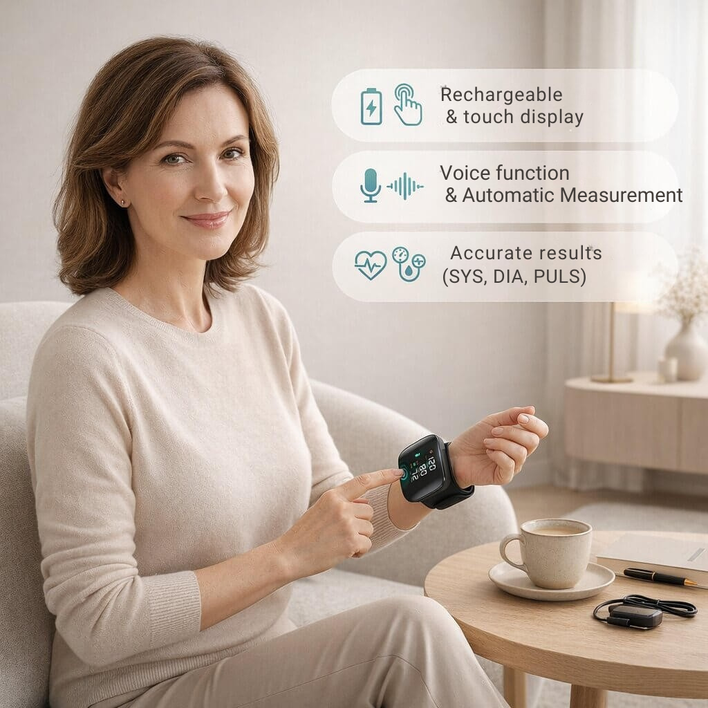 Tensiomètre pour poignet | Écran tactile avec fonction vocale | Rechargeable | Vitalensa