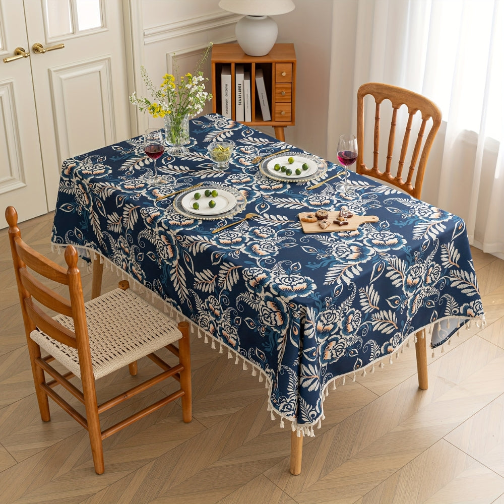 Nappe Florale Boho en Fleurs Paon avec Franges