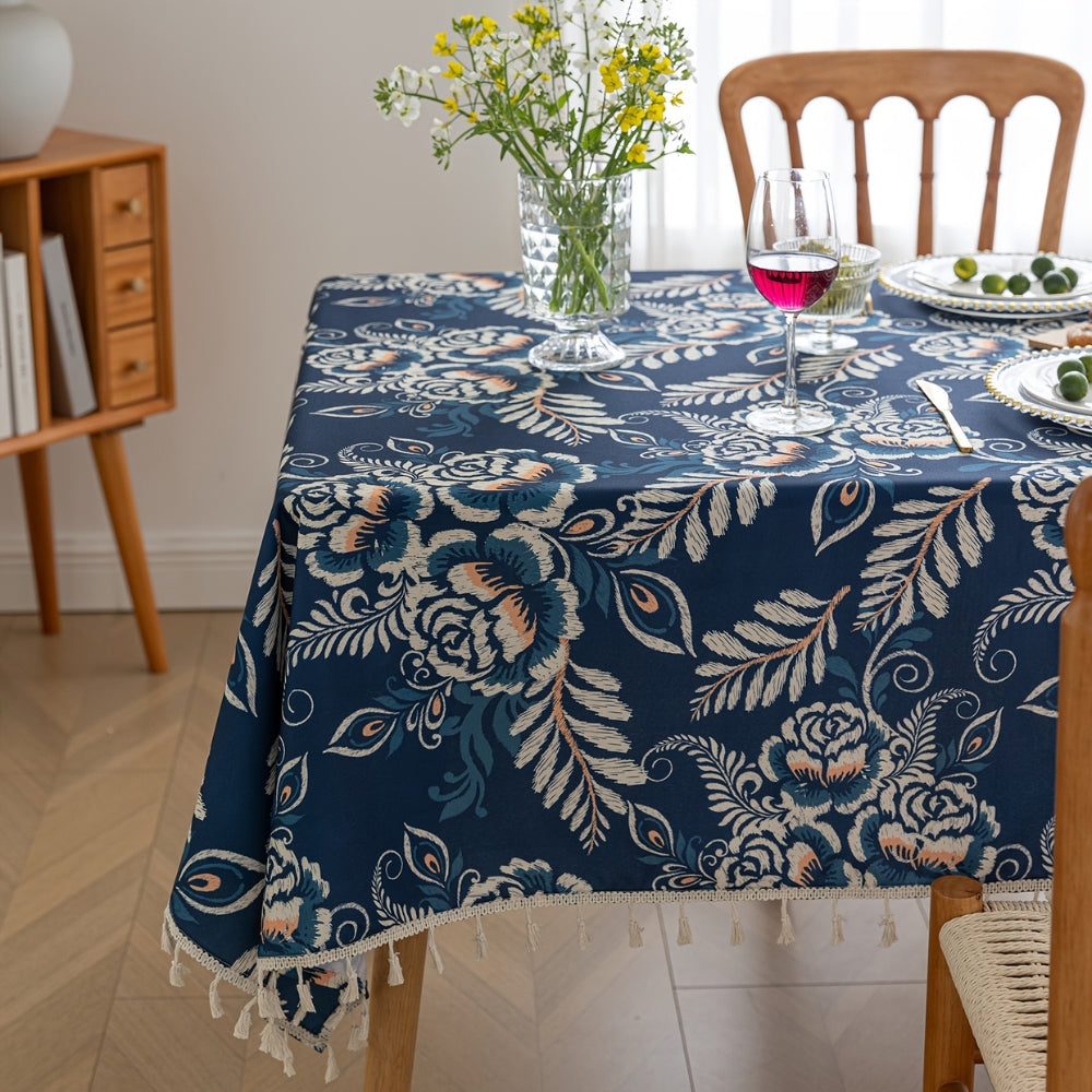 Nappe Florale Boho en Fleurs Paon avec Franges