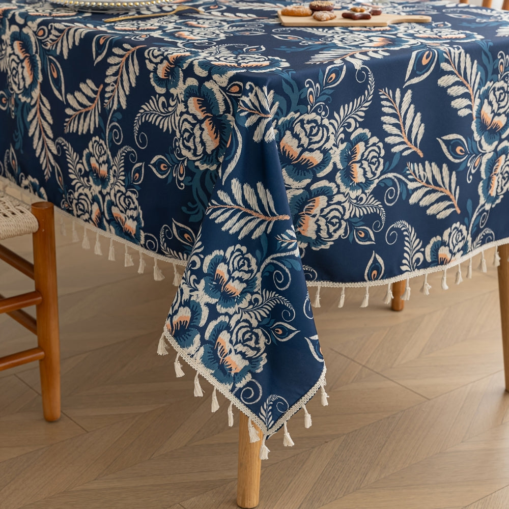 Nappe Florale Boho en Fleurs Paon avec Franges